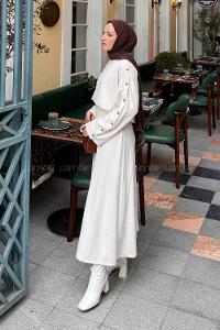 Lamelif Düğme Detaylı Etekli Takım Krem