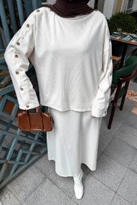 Lamelif Düğme Detaylı Etekli Takım Krem