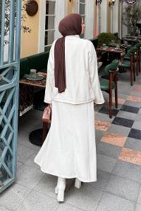 Lamelif Düğme Detaylı Etekli Takım Krem