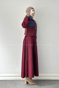 Claret Red Shirt Collar Long Arm Polyester Regular Trousers Flared Skirt Suit