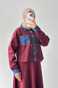 Claret Red Shirt Collar Long Arm Polyester Regular Trousers Flared Skirt Suit