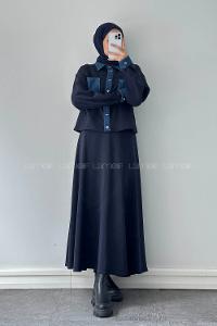 Navy Blue Shirt Collar Long Arm Polyester Regular Trousers Flared Skirt Suit