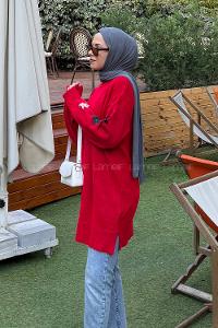 Lamelif Çiçek Detaylı Triko Kazak Nar Çiçeği