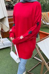 Lamelif Çiçek Detaylı Triko Kazak Nar Çiçeği