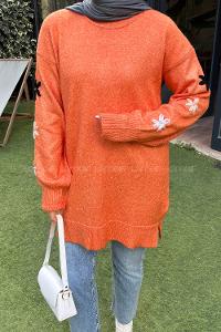 Lamelif Çiçek Detaylı Triko Kazak Turuncu