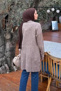 Lamelif Çiçek Detaylı Triko Kazak Vizonrengi