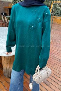 Lamelif Çiçek Detaylı Triko Kazak Zümrüt Yeşili