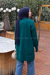 Lamelif Çiçek Detaylı Triko Kazak Zümrüt Yeşili