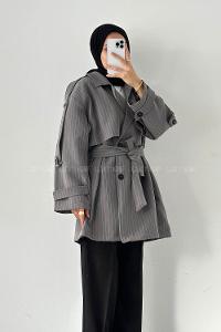 Lamelif Çizgili Omuz Apoletli Trençkot Antrasit