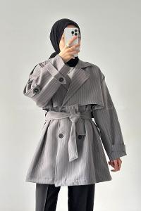Lamelif Çizgili Omuz Apoletli Trençkot Antrasit