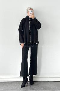 Lamelif Dikiş Detaylı Panço Siyah