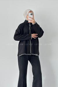 Lamelif Dikiş Detaylı Panço Siyah