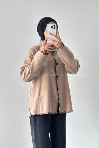 Lamelif Dikiş Detaylı Panço Sütlü Kahve