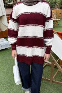 Lamelif Kalın Çizgili Kazak Bordo