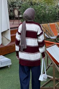 Lamelif Kalın Çizgili Kazak Bordo