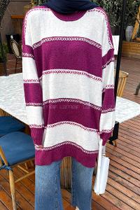 Lamelif Kalın Çizgili Kazak Fuşya