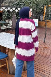 Lamelif Kalın Çizgili Kazak Fuşya