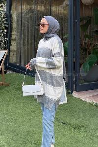 Lamelif Kalın Çizgili Kazak Koyu Gri