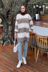 Lamelif Kalın Çizgili Kazak Soft Kahve