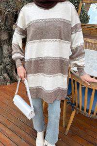 Lamelif Kalın Çizgili Kazak Soft Kahve