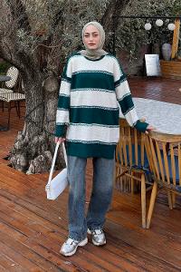 Lamelif Kalın Çizgili Kazak Zümrüt