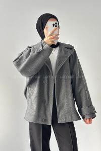 Lamelif Kol Kemerli Kaşe Kaban Antrasit