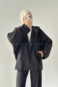 Lamelif Kol Kemerli Kaşe Kaban Siyah