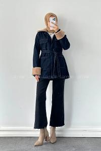 Lamelif Kürklü Denim Mont Koyu Mavi