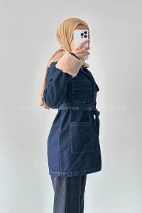 Lamelif Kürklü Denim Mont Koyu Mavi