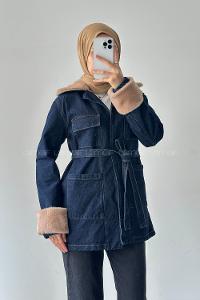 Lamelif Kürklü Denim Mont Koyu Mavi