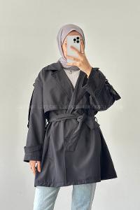 Lamelif Omuz Apoletli Trençkot Siyah