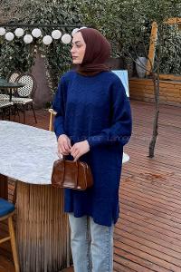 Lamelif Örgü Desen Uzun Kazak Lacivert