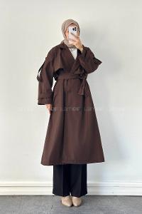 Lamelif Uzun Apoletli Oversize Trenç Kahverengi