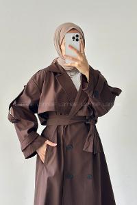 Lamelif Uzun Apoletli Oversize Trenç Kahverengi