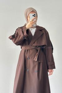 Lamelif Uzun Apoletli Oversize Trenç Kahverengi