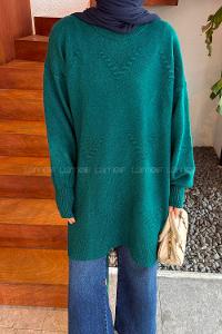 Lamelif Nakış Detaylı Triko Kazak Zümrüt