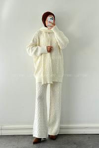 Lamelif Atkılı Örülü Tesettür Takım Krem