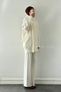 Lamelif Atkılı Örülü Tesettür Takım Krem