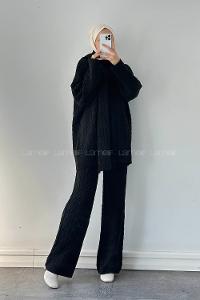 Lamelif Atkılı Örülü Tesettür Takım Siyah