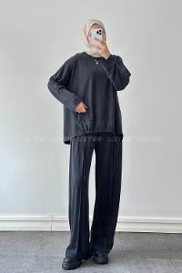 Anthracite Crew Neck Long Arm Cotton Regular Trousers Comfortable Suit
