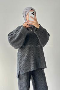 Anthracite Crew Neck Long Arm Acrylic Polyester Regular Trousers Comfortable Suit