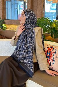 Lamelif Guess Desen Kaşmir Çift Taraflı Şal Gece Mavisi Vizon