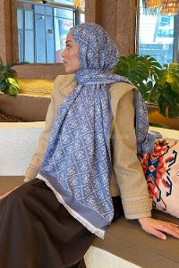 Lamelif Guess Desen Kaşmir Çift Taraflı Şal Kot Mavi Gümüş