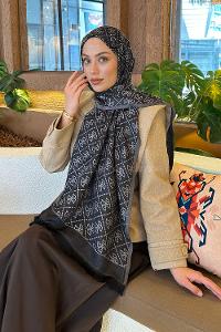Lamelif Guess Desen Kaşmir Çift Taraflı Şal Siyah Gri