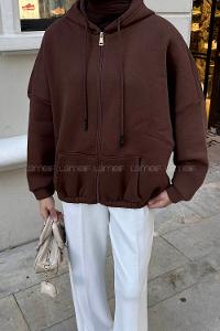 Lamelif Kanguru Cep Fermuarlı Sweatshirt Kahverengi