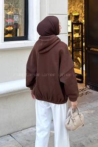 Lamelif Kanguru Cep Fermuarlı Sweatshirt Kahverengi