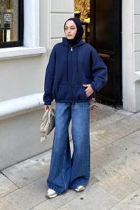 Navy Blue Hood Neck Long Arm Sweatshirt