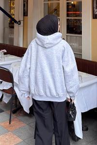 Lamelif Kapüşon Yaka Cepli Sweatshirt Gri