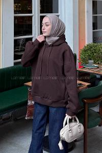Lamelif Kapüşon Yaka Cepli Sweatshirt Kahverengi