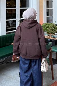 Lamelif Kapüşon Yaka Cepli Sweatshirt Kahverengi